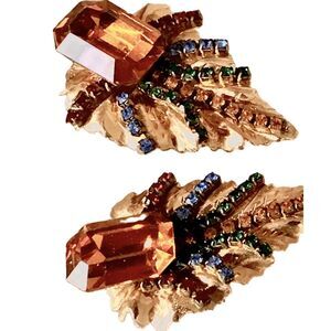 1980s Vintage Statement Clip Ons Earrings, Amber Stone and Jewel Tone Accents